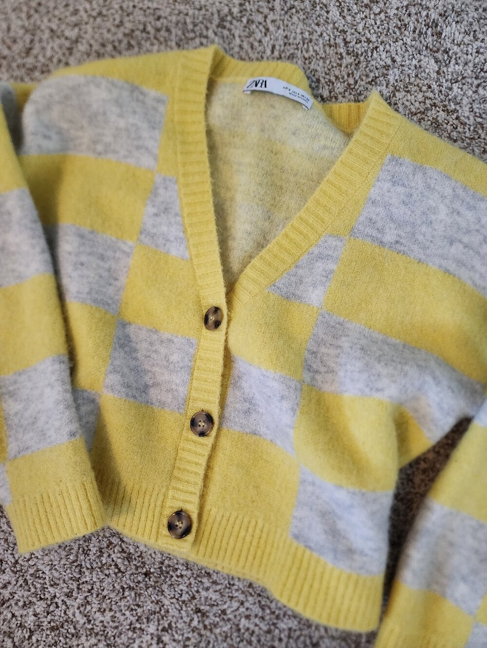 🌟 VIRAL ZARA Y2K Checkerboard Knit Cardigan Cropped Cottagecore Checkered Sz S - Picture 5 of 8